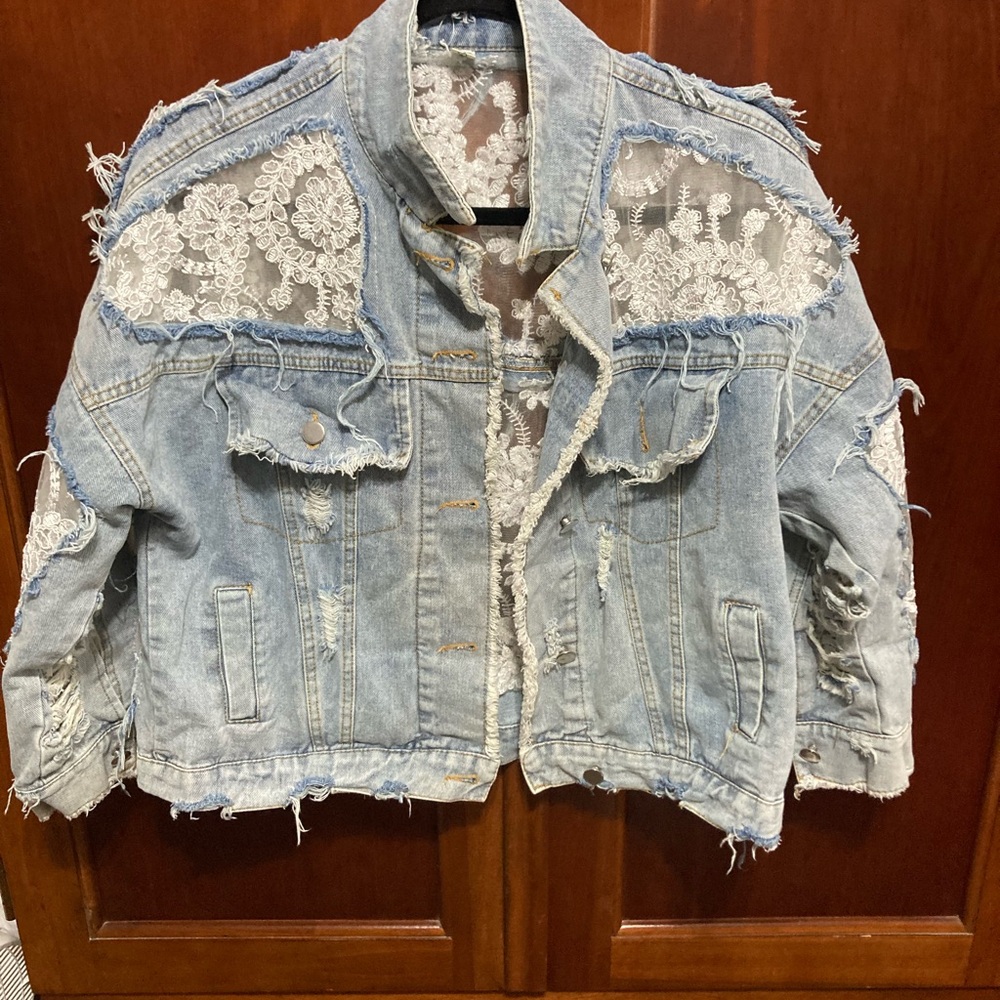 Boyish Light Blue Distressed Lace-Back Denim Jacket
